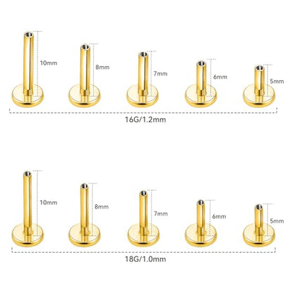 limerencia 16G/18G Hypoallergenic Internal Threaded Titanium Bar Post Replacement,Flat Back Stud Earrings Post Medusa Helix Couch Labret Bar for Women Men Sensitive Ears(A Pair) - color: gold tone, size: 16G-7mm