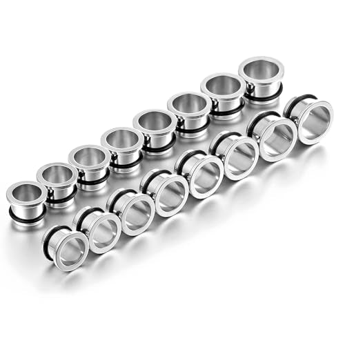 Casvort 22 PCS/16 PCS Hypoallergenic 18G-1'' Comfy Dead Stretching Plugs in 0.5mm Increments Saddle Plugs with Rubber Rings 316 Surgical Stainless Steel Crazy Ear Gauges Body Piercing Jewelry - color: Silver Tunnel 14.5-18mm 16PCS