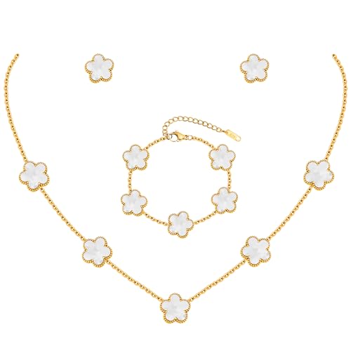 Gold Necklaces Bracelets Earring Set - 18K Gold Plated Flower Bracelet Chain,Stainless Steel Non Tarnish Floral Pendant Stud Jewelry Sets,Christmas Birthday Lucky Gift for Mom Wife Daughter Girlfriend - color: White