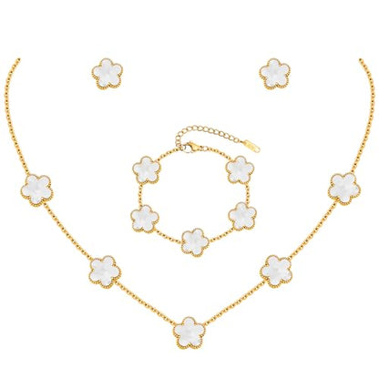 Gold Necklaces Bracelets Earring Set - 18K Gold Plated Flower Bracelet Chain,Stainless Steel Non Tarnish Floral Pendant Stud Jewelry Sets,Christmas Birthday Lucky Gift for Mom Wife Daughter Girlfriend - color: White