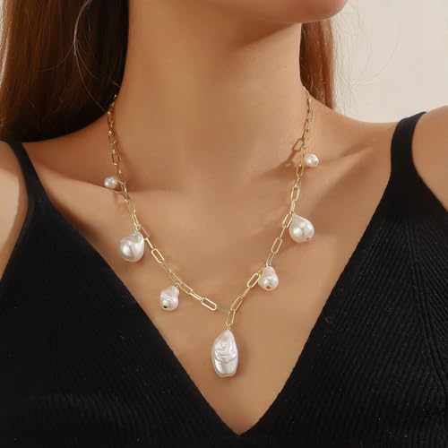 Chunky Pearl Necklaces for Women Chunky Baroque Pearl Beaded Gold Chain Link Pearls Pendant Necklace White Pearls Necklace Valentine's Day Jewelry Gifts Party Prom Birthday Outfits Accessorie - style: Golden Chain, Seven Pearls