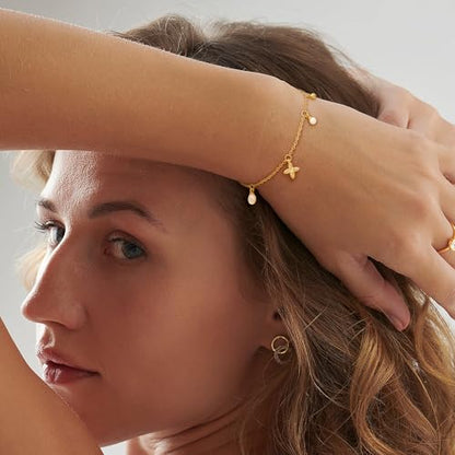 Gold Bracelets for Women, Dainty Friendship Charm Bracelet 14K Gold Plated Summer Shell Starfish Pearl Bracelet Cute Heart Charm Bracelets for Women Trendy Non Tarnish Beach Jewelry Gifts - color: Gold-Pearl