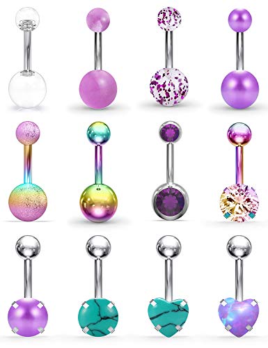 SCERRING Belly Button Rings 14G Stainless Steel Navel Belly Earring CZ Heart Opal Navel Ring Barbell Body Piercing Jewelry 12PCS - color: 12PCS - Rainbow