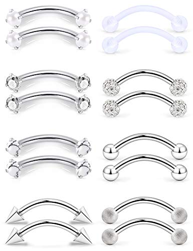SCERRING 16 Gauge 10mm Curved Barbell Eyebrow Belly Lip Tragus Ring Piercing Jewelry - color: 16PCS - Silver