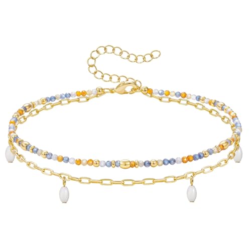 KissYan Beaded Anklets for Women, Seed Beads Layered Ankle Bracelets | Zirconia Anklet with 14K Gold Plated Link Chain, Adjustable Summer Bead Foot Chain, Sparkling Handmade Jewelry Gift - color: Blue