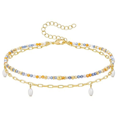 KissYan Beaded Anklets for Women, Seed Beads Layered Ankle Bracelets | Zirconia Anklet with 14K Gold Plated Link Chain, Adjustable Summer Bead Foot Chain, Sparkling Handmade Jewelry Gift - color: Blue