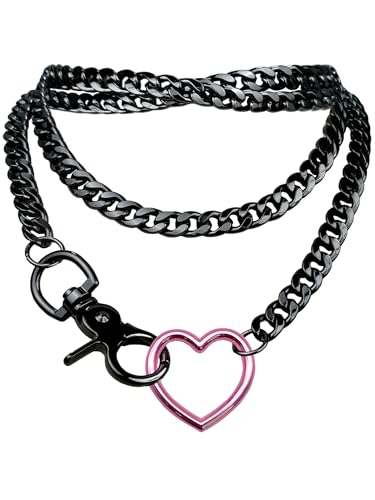 paloli Women's Slip Chain Rainbow Heart O-Ring Chunky Chain Necklace, Rays Cuban Long Layered Jewelry, Adjustable Lariat Y-Necklace Heart Loop Choker - color: G-Heart-Black-Pink