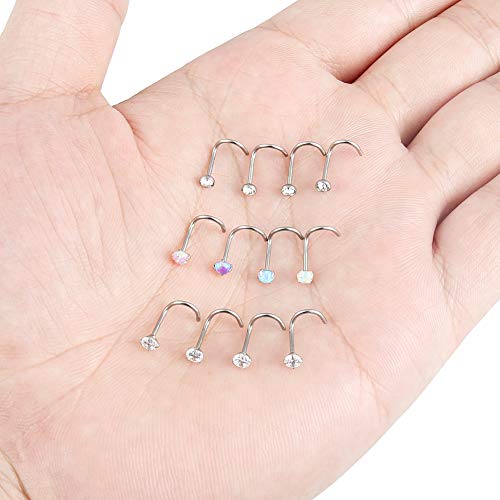 Cisyozi 18G 20G 22G Nose Rings Studs Surgical Steel Nose Stud Set 1.5mm 2mm 2.5mm 3mm Diamond Cubic Zirconia Opal Screw L Shaped Straight Nose Piercing Jewelry for Women Men - color: C:20G-Screw -2mm