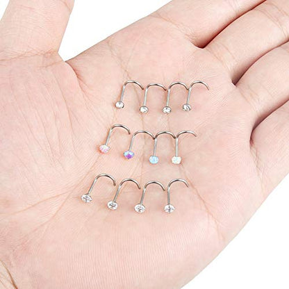 Cisyozi 18G 20G 22G Nose Rings Studs Surgical Steel Nose Stud Set 1.5mm 2mm 2.5mm 3mm Diamond Cubic Zirconia Opal Screw L Shaped Straight Nose Piercing Jewelry for Women Men - color: A:22G-Screw -2mm