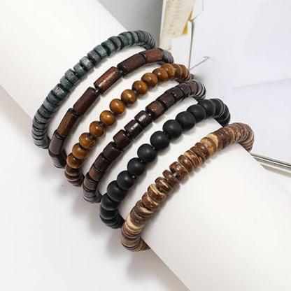 Mens Beaded Bracelets Tribal Wooden Elastic Adjustable Prayer Beads Wrap Cuff for Women - color: A: 6pcs