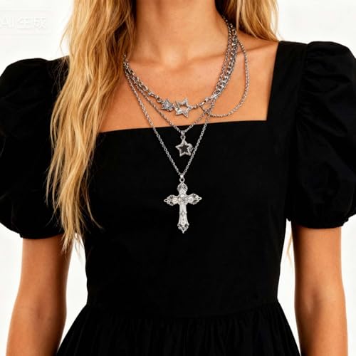 Gothic Necklaces for Women Cross Heart Pendant Layered Necklace Statement Jewelry Dark Romantic Gift for Halloween Parties - color: C2:y2k necklace