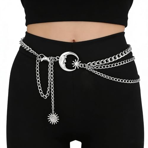 3 Layered Metal Waist Chain Belt for Women Moon & Sun Belly Belt Body Chain Jewelry for Dress Jeans - color: 01 Silver