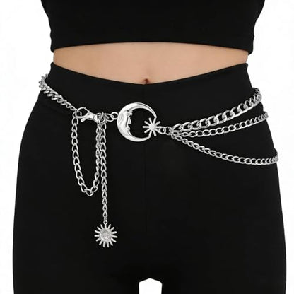 3 Layered Metal Waist Chain Belt for Women Moon & Sun Belly Belt Body Chain Jewelry for Dress Jeans - color: 01 Silver
