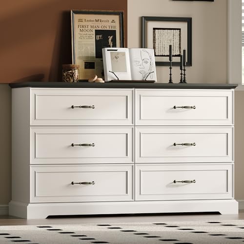 Farmhouse 6 Drawers Dresser for Bedroom, 54" Wide Chest of Drawers with Deep Drawers & Bar Handles, Rustic Wood Dresser TV Stand, Modern Wooden Closet Storage Organizer for Living Room, Hallway, White - color: White, size: 15.8"D x 53.2"W x 31.1"H (6 Draw