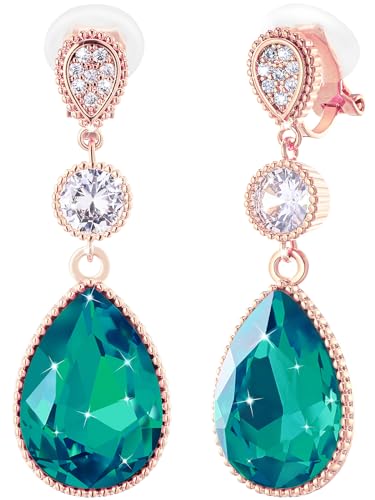Clip On 18 * 13MM Big Crystal Dangle Non Pierced Earrings for Women 14K Gold Plated Jewelry - color: May-Emerald-Rose Gold Plated