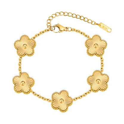 Women Gold Bracelets Jewelry Set - 3Pcs 18K Gold Plated Floral Bracelet,Stainless Steel Charm Bracelet Non-Tarnish,Adjustable Lucky Chain Trendy Gift,Christmas Valentines Birthday Gifts for Girlfriend - style: Gold