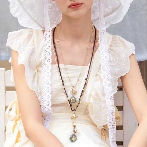 LUREME Vintage 3-in-1 Layered Necklace Set for Women, Gold Coin & Brown Wax Rope Boho Jewelry(nl006387)