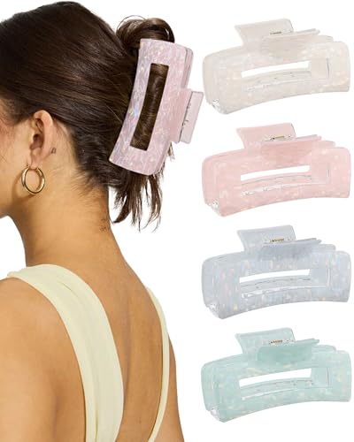 4PCS Large Claw Clips for Thick Hair, Large Acrylic Hair Clips | Modern Marble Geometric Design, Non-Slip Secure Hold for Long Hair, Buns, Updos and Everyday Styling - color: White + Pink + Blue + Cyan
