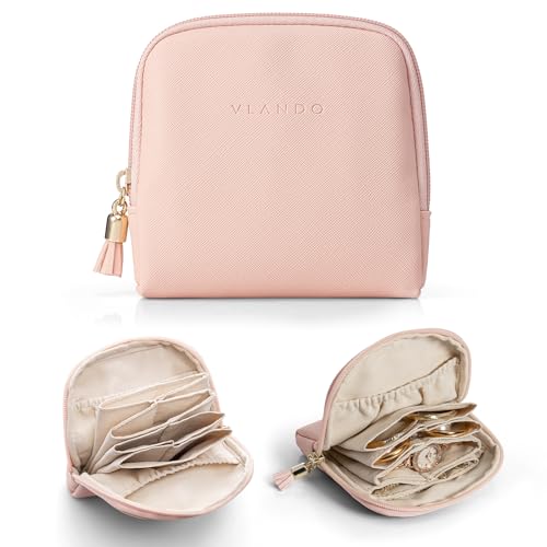 VLANDO Small Travel Jewelry Case,Velvet Pouch Bags with Zipper,Pink | Travel Essentials,PU Leather Organizer with 5 Divided Sections,Carry-On Totes,Gift for Birthday,Bride,Bridesmaid,Women,Girls - color: C.Pink