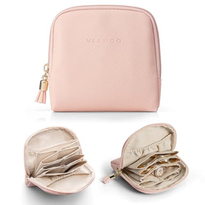 VLANDO Small Travel Jewelry Case,Velvet Pouch Bags with Zipper,Pink | Travel Essentials,PU Leather Organizer with 5 Divided Sections,Carry-On Totes,Gift for Birthday,Bride,Bridesmaid,Women,Girls - color: C.Pink