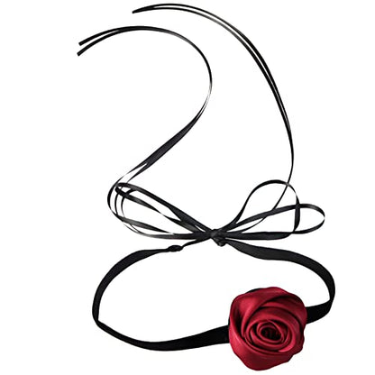 Black Choker Camellia Flower Lace-up Necklace For Women - color: Black ribbon rose
