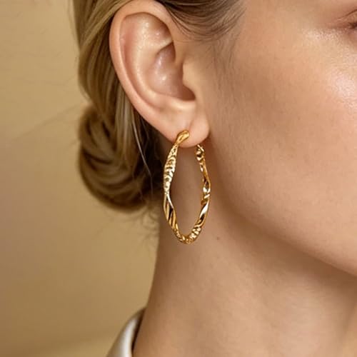 Women's Gold and Silver Twisted Hoop Earrings, 14K Gold Plated Textured Earrings, Hypoallergenic Lightweight Fashion Jewelry, Suitable for Daily Wear, Party, Wedding or as a Gift for Women - color: Gold