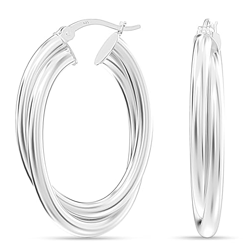 LeCalla 925 Sterling Silver Chunky Hoop Earrings | 14K Two-Tone Three-Tone Hoop Earrings | Intertwining Oval Shape Polished Twisted Hoop Earrings for Women - color: Chunky Silver 35mm