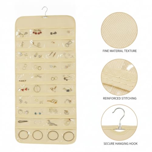 Hanging Jewelry Organizer, Vertical Closet Storage with Clear Pockets for Necklaces and Earrings, Polyester Roll-Up Bag (1 PC) - color: Beige