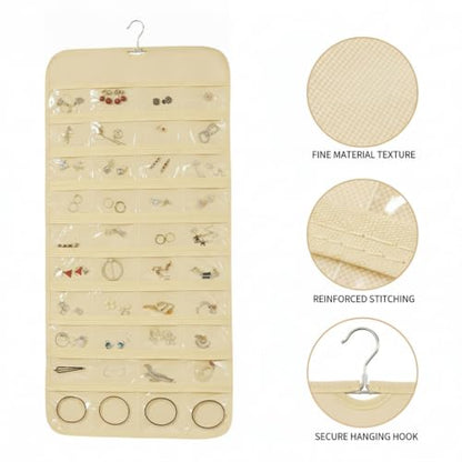 Hanging Jewelry Organizer, Vertical Closet Storage with Clear Pockets for Necklaces and Earrings, Polyester Roll-Up Bag (1 PC) - color: Beige