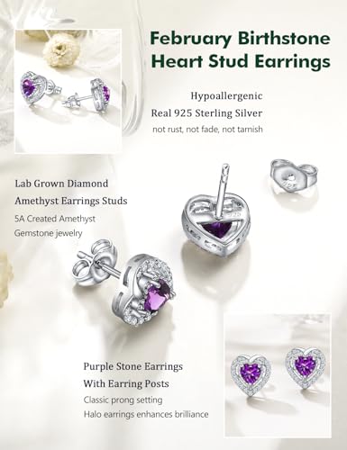 Dainty Birthstone Earrings for Women Sterling Silver Small Stud Earrings with Halo Cushion/Round Created Gemstone Earrings Birthstone Jewelry - style: C 02. Feb./created amethyst-heart shaped