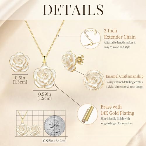 Enamel Rose Necklace and Earrings Jewelry Set for Women | 14K Gold Plated,Rose Represent: Love Gratitude Prid,Adjustable Chain Fit,Elegant Sets for Daily and Party Wear,Gift Box - color: White