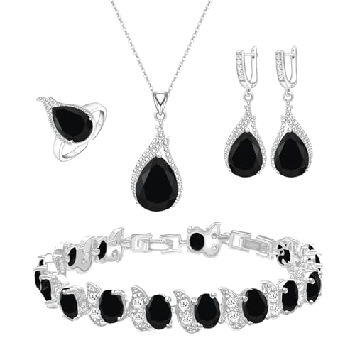 LMXXVJ Jewelry Set for Women,Teardrop Cubic Zirconia Necklace Earrings Adjustable Ring Bracelet Jewelry Set Formal Jewelry Gift - color: ZYSD-White Gold-Black