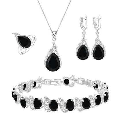 LMXXVJ Jewelry Set for Women,Teardrop Cubic Zirconia Necklace Earrings Adjustable Ring Bracelet Jewelry Set Formal Jewelry Gift - color: ZYSD-White Gold-Black