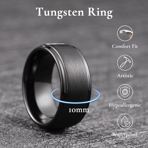 King Will Classic Tungsten Carbide Ring Brushed Two Grooved Center Hammered Design Mens Wedding Band for Men | Black/Silver/Gold, 8mm, Men's Wedding Band, Grooved, Comfort Fit, Everyday Wear - color: C-Black 10mm