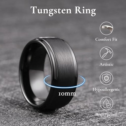 King Will Classic Tungsten Carbide Ring Brushed Two Grooved Center Hammered Design Mens Wedding Band for Men | Black/Silver/Gold, 8mm, Men's Wedding Band, Grooved, Comfort Fit, Everyday Wear - color: C-Black 10mm