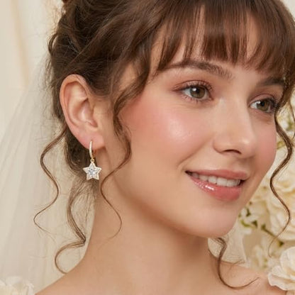 Sonateomber Christmas Tree Dangle Small Gold Hoop Earrings for Women, Cute Sparkly CZ Rhinestone Maple Clover Leaf Drop Earings Thanksgiving Holiday Accessories Fashion Jewelry Gift - color: Gold Star