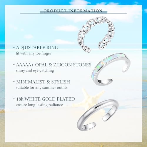 Sfoni 3Pcs Toe Rings for Women Men, Adjustable Open Toe Ring 18K Gold Cubic Zirconia Moonstone Daisy Flower Simple Thin Band Hug Rings Stackable Hawaiian Summer Beach Foot Jewelry Set - color: #Style 3-Silver-3pcs