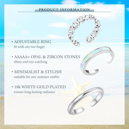 Sfoni 3Pcs Toe Rings for Women Men, Adjustable Open Toe Ring 18K Gold Cubic Zirconia Moonstone Daisy Flower Simple Thin Band Hug Rings Stackable Hawaiian Summer Beach Foot Jewelry Set - color: #Style 3-Silver-3pcs