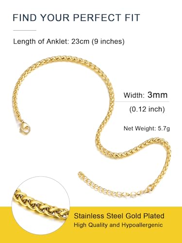 ChainsPro Resizable Anklet Chain for Women Men, Figaro/Wheat/Twist Rope/Cuban Foot Bracelet-Strong with Good Clasp-18K Gold Plated(Send Gift Box) - color: 10:wheat-Gold Plated