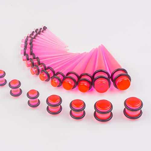 50 Pcs Ear Gauges Stretching Kit 14G-00G | Acrylic Tapers and Plugs Silicone Tunnels, Gauge Expanders Stretching Kit, Piercing Earring Jewelry for Men and Women - color: Pink