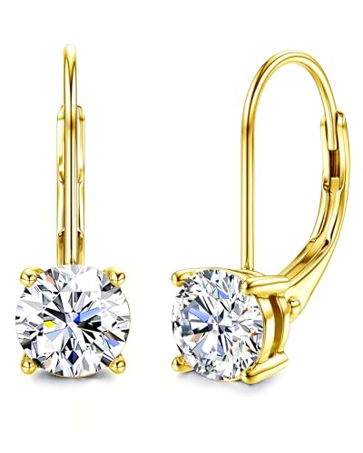 Moissanite Earrings, D Color Sterling Silver Dangle Drop Earrings for Women | 1.0ct-2.0ct D Color Brilliant Round Cut Earring 18K White Gold Plated Sterling Silver Earrings Moissanite Leverback - color: Gold, size: 1.0 ct 1 pair (0.5ct*2)-5mm