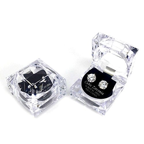 Stainless Steel Round Cut Cubic Zirconia Stud Earrings With Clear Case - Gold, Silver (3mm~12mm) - color: 9mm-Silver