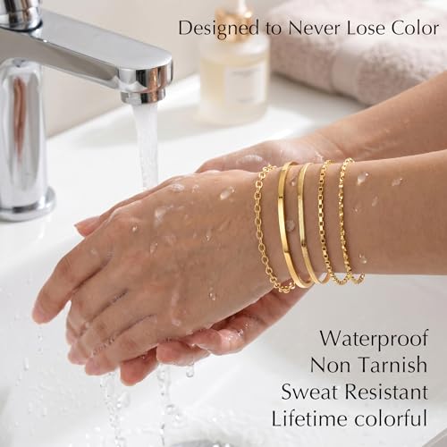 Dainty Gold Bracelet for Women Trendy Non Tarnish, Thin Bracelets Stackable Set with Bangle Cuff, Box, Herringbone, Paperclip, Figaro, Sparkling Link Chains Waterproof, Simple Jewelry Gifts for Women - color: style 02-gold
