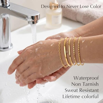 Dainty Gold Bracelet for Women Trendy Non Tarnish, Thin Bracelets Stackable Set with Bangle Cuff, Box, Herringbone, Paperclip, Figaro, Sparkling Link Chains Waterproof, Simple Jewelry Gifts for Women - color: style 02-gold