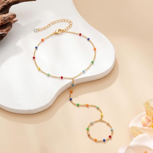 Eaciy 3PCS Gold Hand Chain Bracelets for Women, 18K Gold Plated Dainty Stackable Hand Chain Bracelet Ring Gold Bracelets for Women Trendy Gold Jewelry Set - color: 07-Gold-Beads Hand Chain