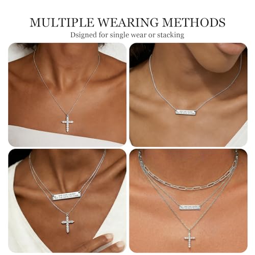 Layered Cross Necklaces for Women Trendy, 3 Pcs 14K Gold Plated, Stackable Women's Gold Pendant Necklaces Jewelry Set - color: Silver