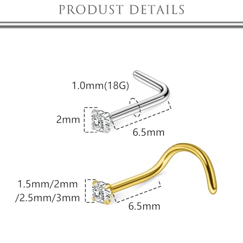 Hoeudjo Nose Studs Surgical Steel Nose Rings Studs 18G 20G 22G Cubic Zirconia 1.5mm 2mm 2.5mm 3mm Hypoallergenic Nostril Ring Screw & L-Shaped Nostril Piercing Jewelry for Women Men - color: silvertone+goldtone, size: 18g