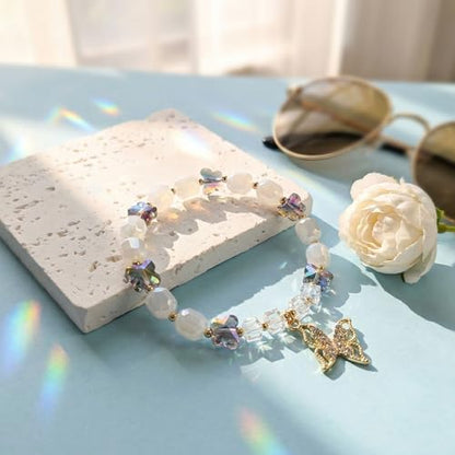 jasonking Butterfly Crystal Stretch Bracelet for Women,Birthday Gift for Mothers,Mother's Day gift - color: white，gold