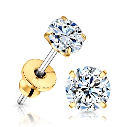 Limerencia Moissanite Stud Earrings, F136 Titanium Screw Back Earrings, D Color VVS1 Clarity Lab-created Moissanite Earrings, Hypoallergenic G23 Pure Titanium for Women Men Sensitive Ears - color: Gold B, size: 4mm