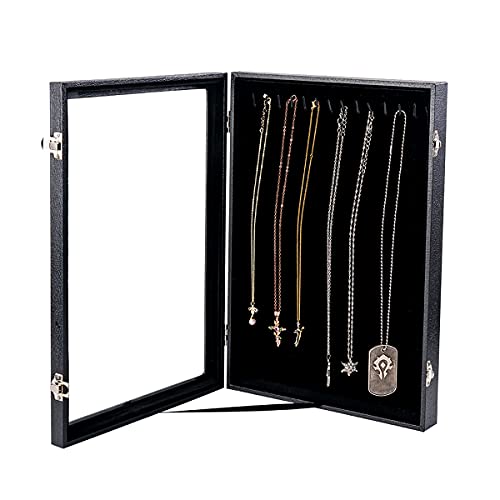 Vertical Necklace Holder Organizer,Necklace Storage,Necklace Organizer Box,Jewelry Tray with Glass Lid (Black Velvet)